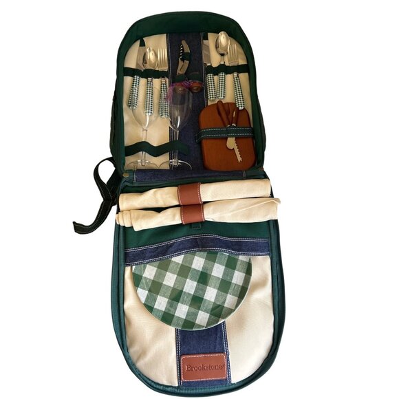 Brookstone Picnic Backpack Set With Accessories & Green Checkered Pattern - Picture 4 of 10